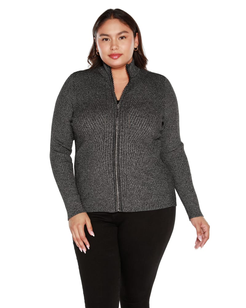 Front of a model wearing a size 2X Plus Size Lurex Mock Neck Ribbed Sweater Zip Up in Graphite by Belldini Black Label. | dia_product_style_image_id:319232
